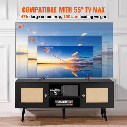 Rattan TV Stand for 55" TV Boho Mid-Century Black Console