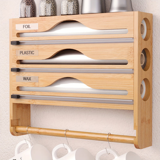 Bamboo Cling Film Cutter With A Tissue Holder, A Wall-Mounted Foil Cutter For The Kitchen, A Three-Compartment Cutter, And A Paper Storage Rack.