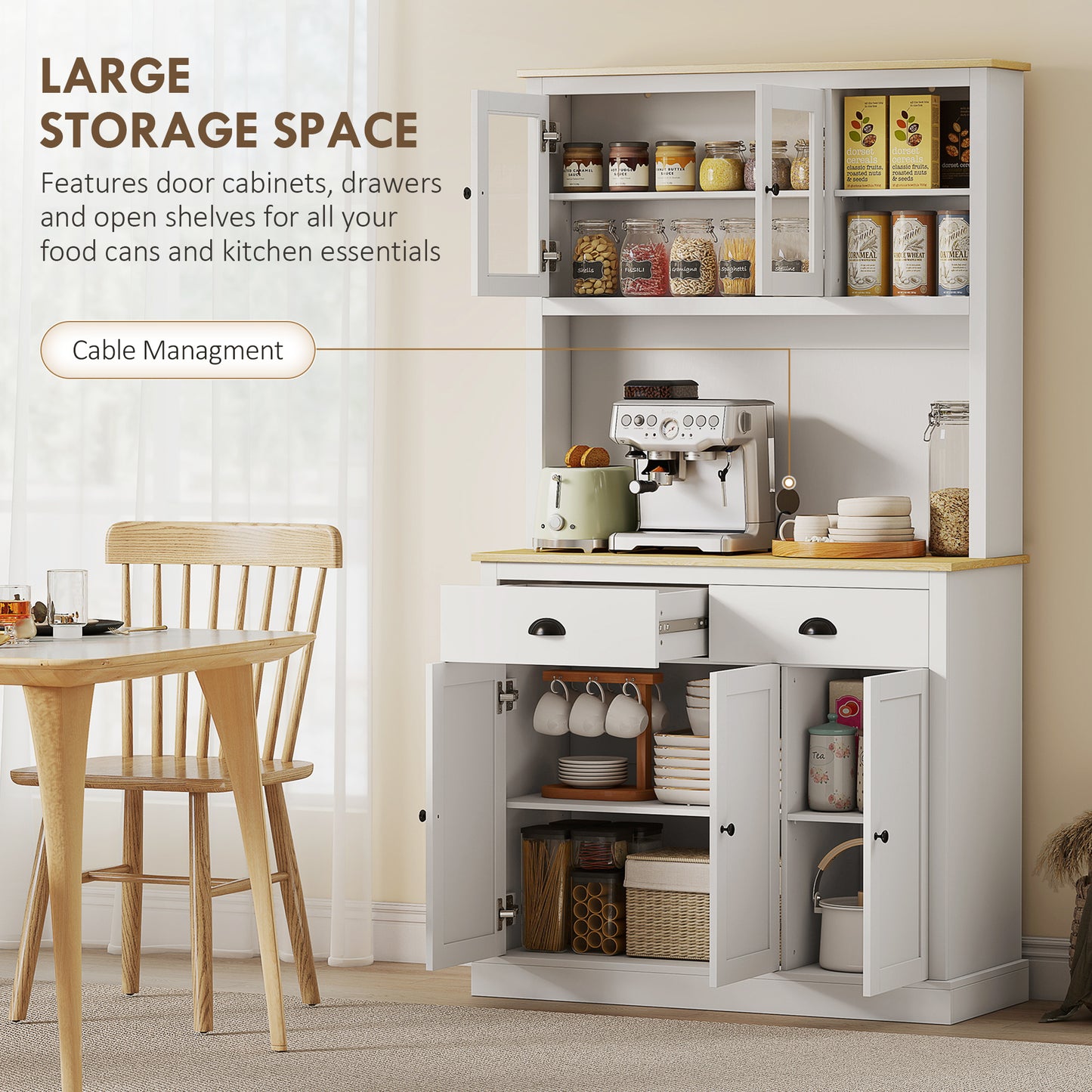 71" Tall White Kitchen Pantry Hutch w/ Countertop & Shelves