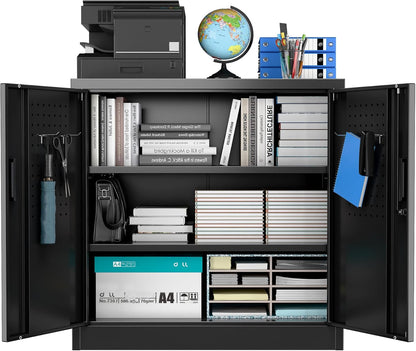 31" Lockable Metal Storage Cabinet w/ Pegboard Black