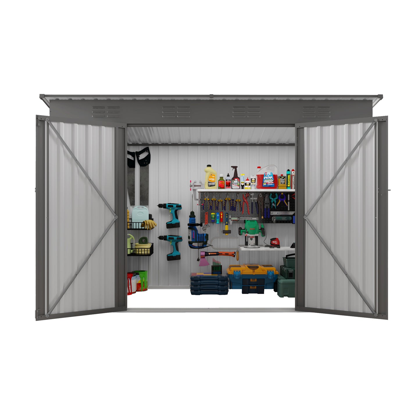 4x9 FT Metal Outdoor Storage Shed - Heavy Duty Garden Tool Shed with Sloping Roof, 6 Vents & Double Swing Doors, Gray