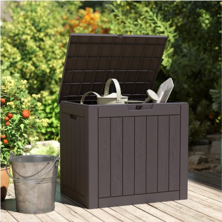 31 Gallon Deck Box - Small Lockable Resin Outdoor Storage Box Waterproof for Patio Cushions, Garden Tools & Package Delivery, Brown/Black