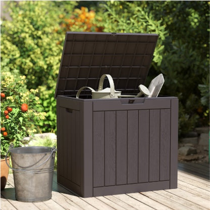 31 Gallon Deck Box - Small Lockable Resin Outdoor Storage Box Waterproof for Patio Cushions, Garden Tools & Package Delivery, Brown/Black