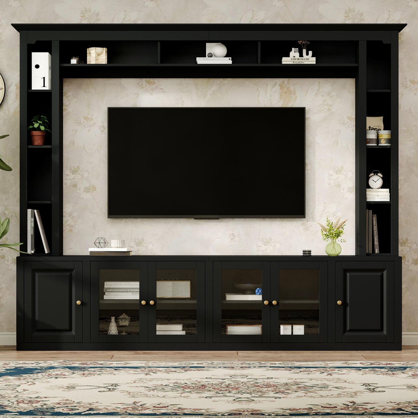 92" Black Entertainment Center TV Wall Unit w/ Bookshelves