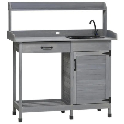 Potting Bench with Sink - Gray Outdoor Wooden Potting Table Garden Workstation with Removable Sink Drawer Cabinet Hooks for Patio Backyard