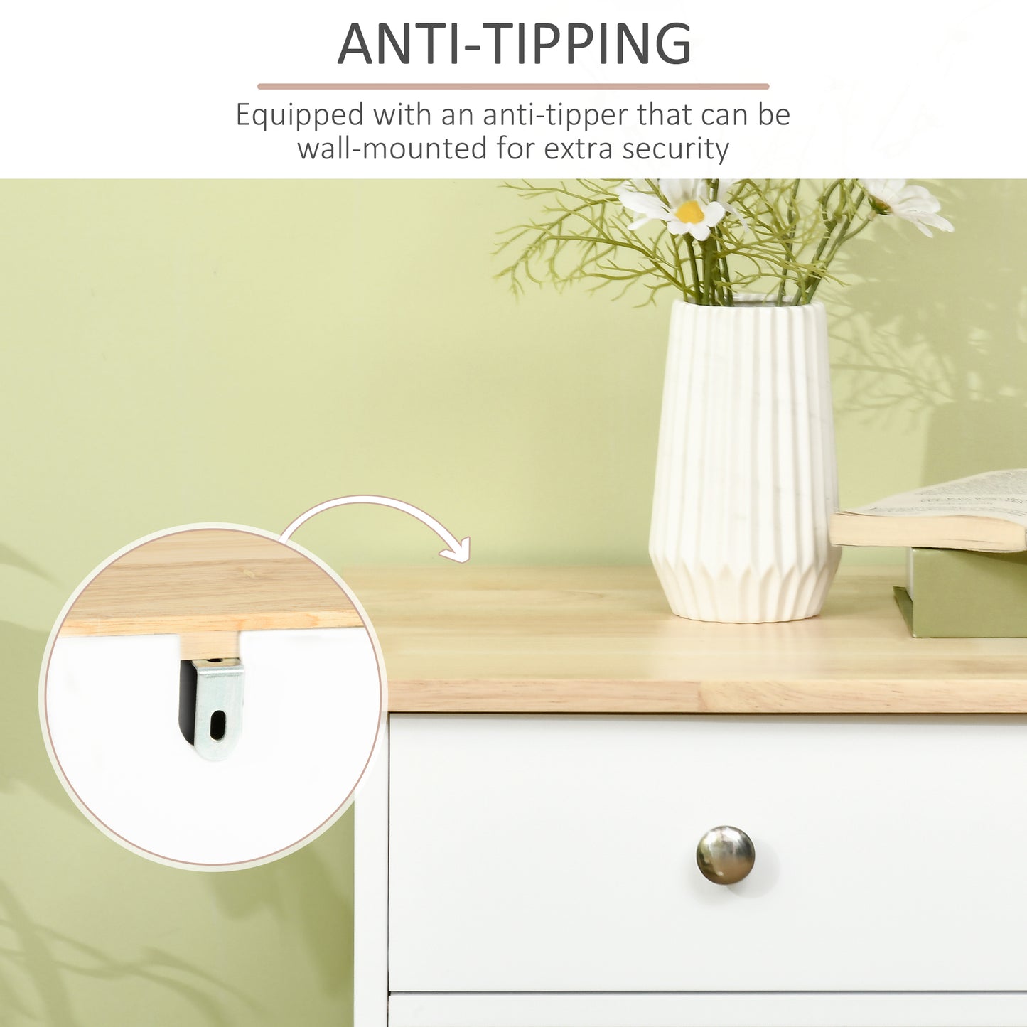 White Sideboard Buffet Cabinet w/ Rubberwood Top & Drawers