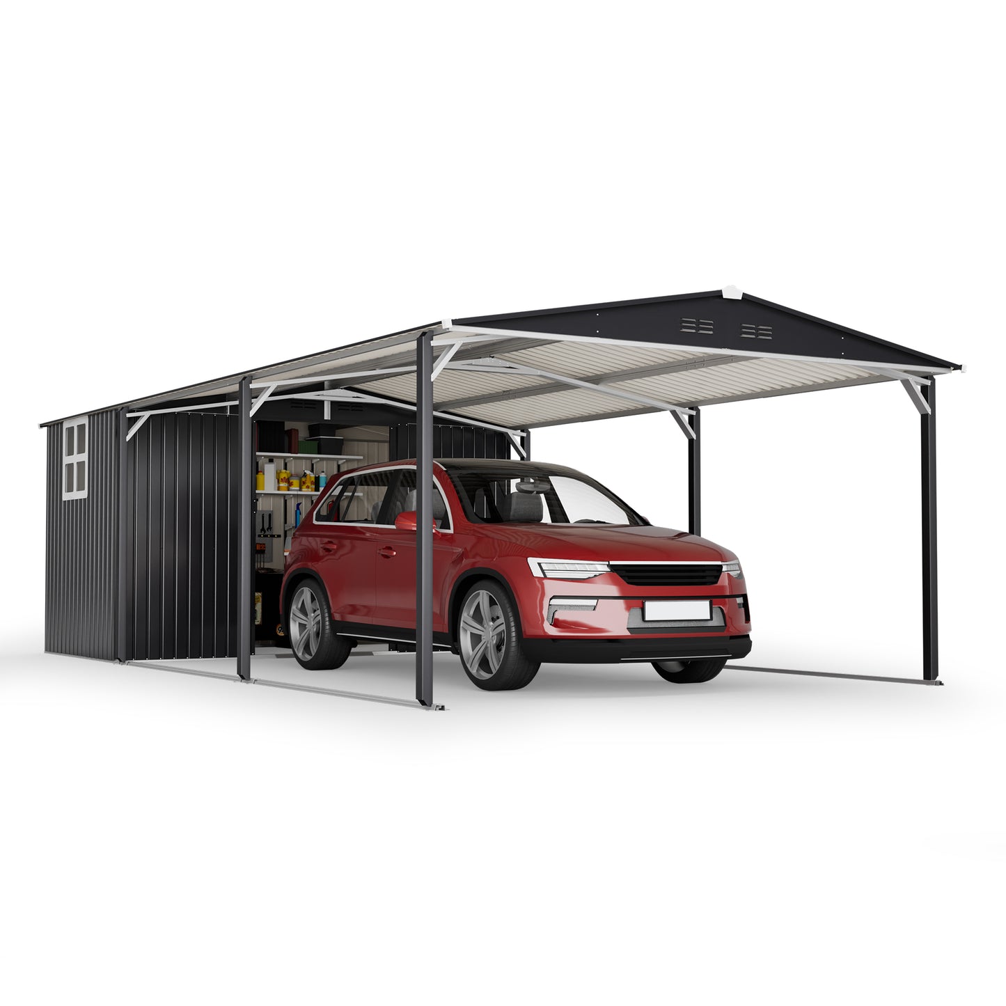 12x23 FT Metal Carport Storage Shed - Heavy Duty Steel Garage with Sliding Door, UV Panel, Waterproof Sloped Roof & Reinforced Structure for Car, Boat, Tractor, Gray