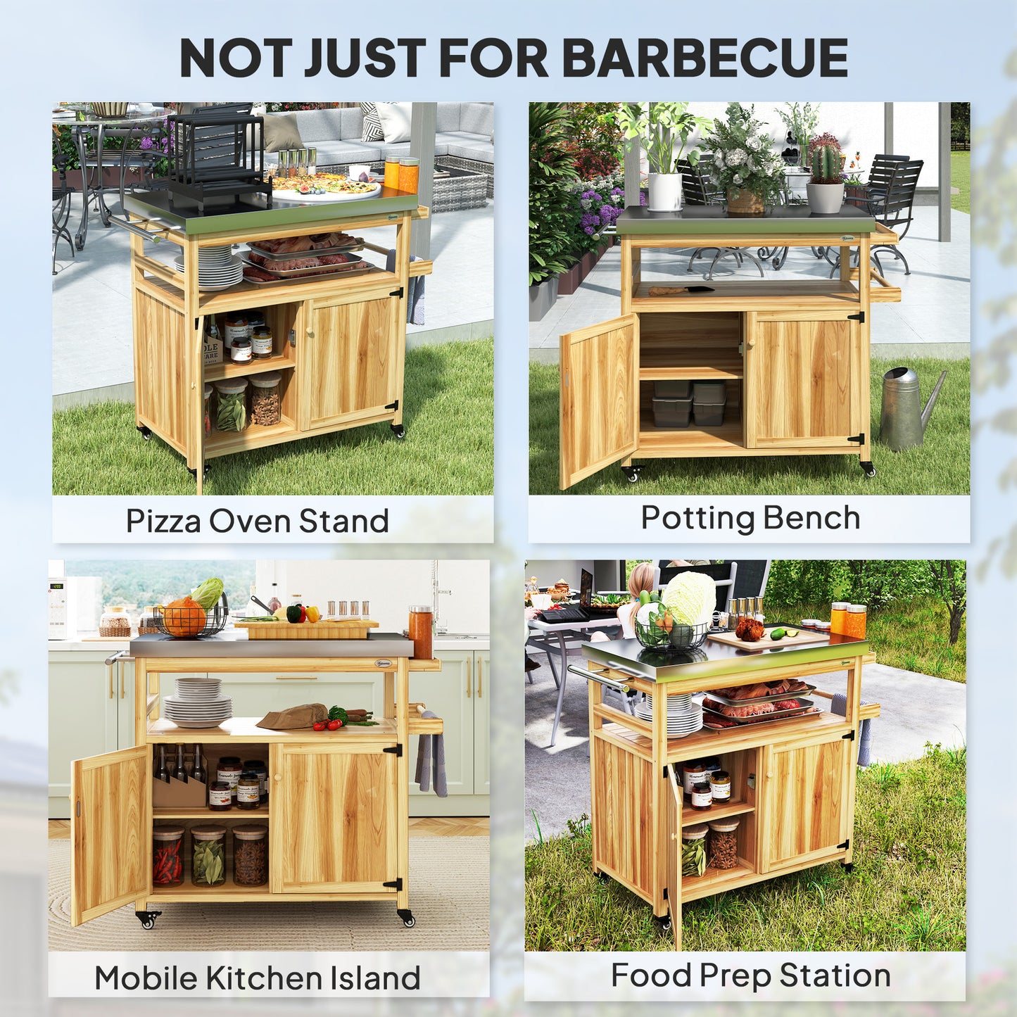 Outdoor Grill Cart Stainless Steel Top Wood Kitchen Island