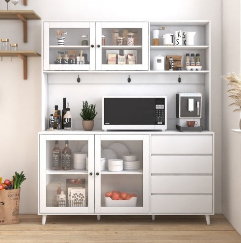 63" White Kitchen Hutch Cabinet Pantry w/ Microwave Shelf