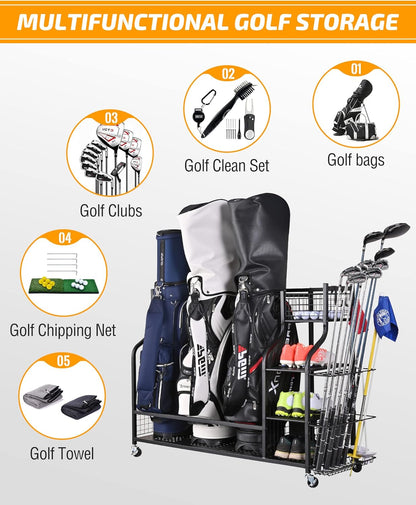 Golf Bag Storage Rack for 3 Bags & Clubs Garage Organizer