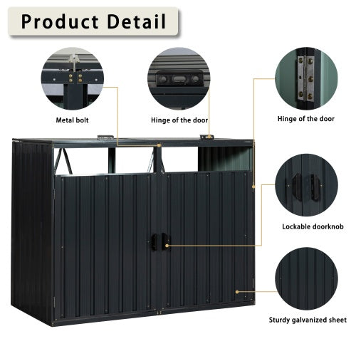 Metal Garbage Bin Shed for 2 Trash Cans - Charcoal Galvanized Steel Outdoor Trash Can Enclosure Storage Shed for Garden Yard Lawn