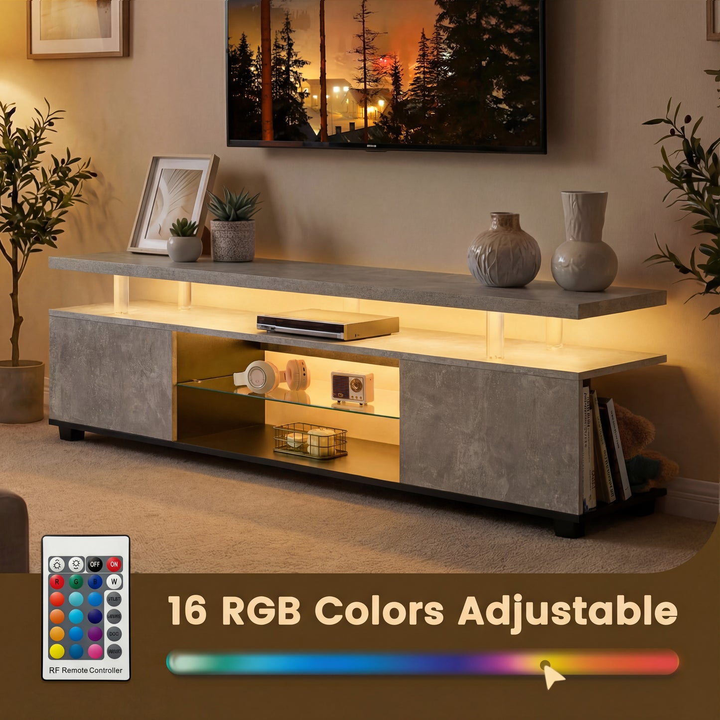 70" LED Gaming TV Stand Entertainment Center Gray Console