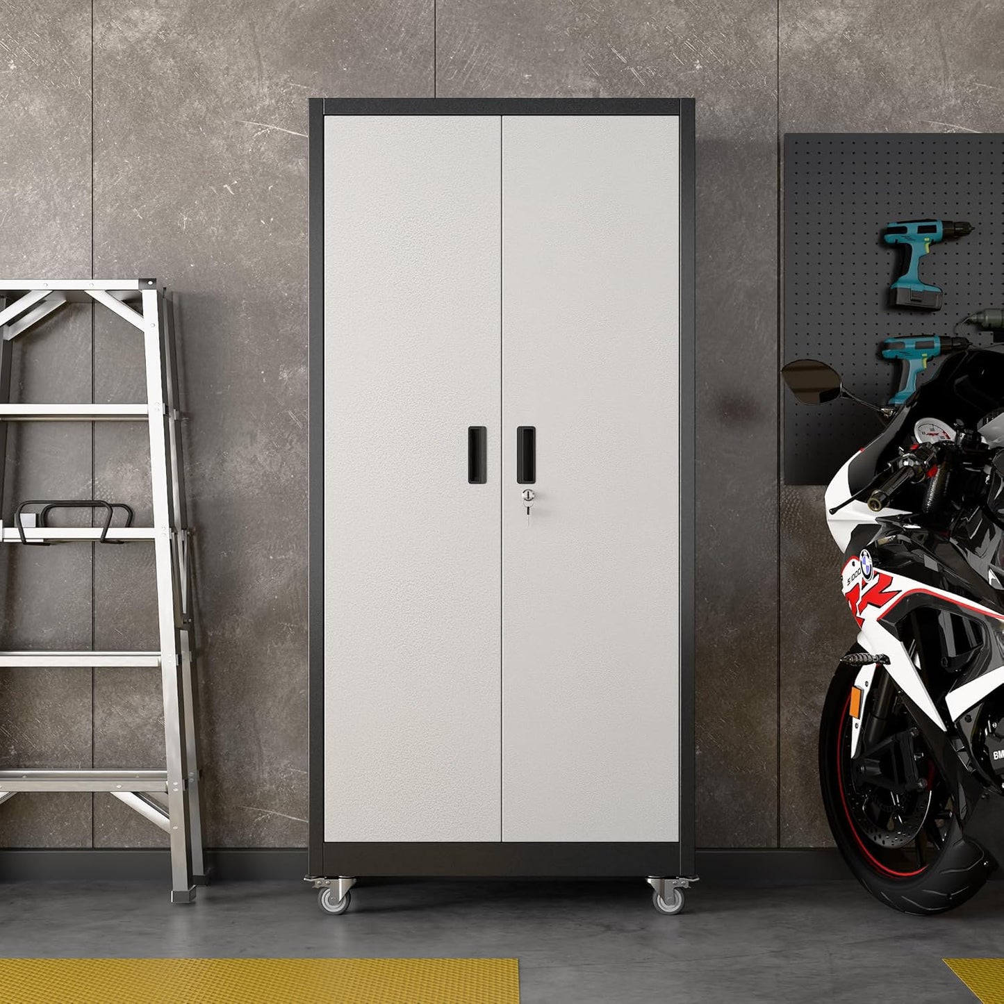 71" Garage Storage Cabinet w/ Wheels Pegboard 5 Shelves