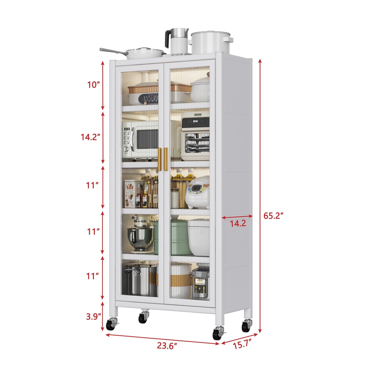 White Floor-to-Ceiling Kitchen Storage Cabinet with Glass Doors - Rolling Microwave Pantry Cabinet with Multilevel Shelves, 360° Wheels & Brakes