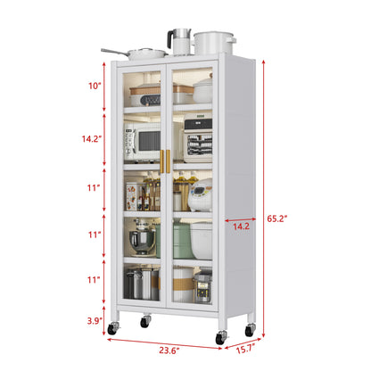 White Floor-to-Ceiling Kitchen Storage Cabinet with Glass Doors - Rolling Microwave Pantry Cabinet with Multilevel Shelves, 360° Wheels & Brakes