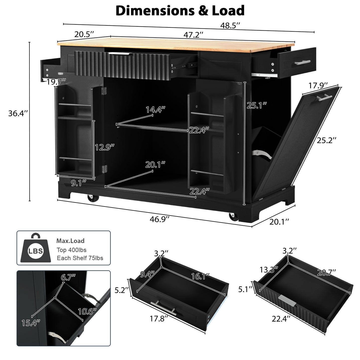 Black Rolling Kitchen Island with Trash Can Storage & Power Outlets - 48" Kitchen Cart with 3 Drawers, Open Side Racks, Solid Wood Top & 5 Wheels