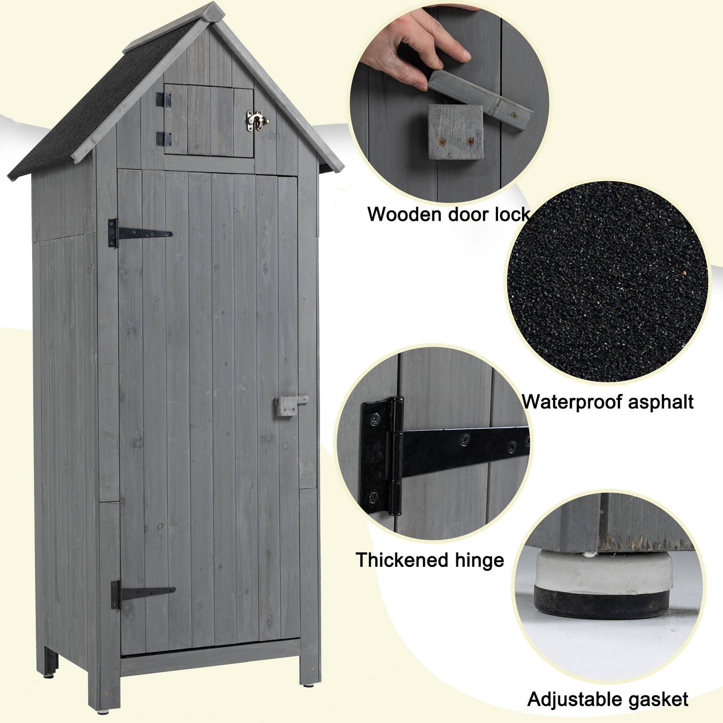 70.5" Tall Wooden Garden Shed - Gray Outdoor Storage Cabinet Tool Shed for Patio & Backyard