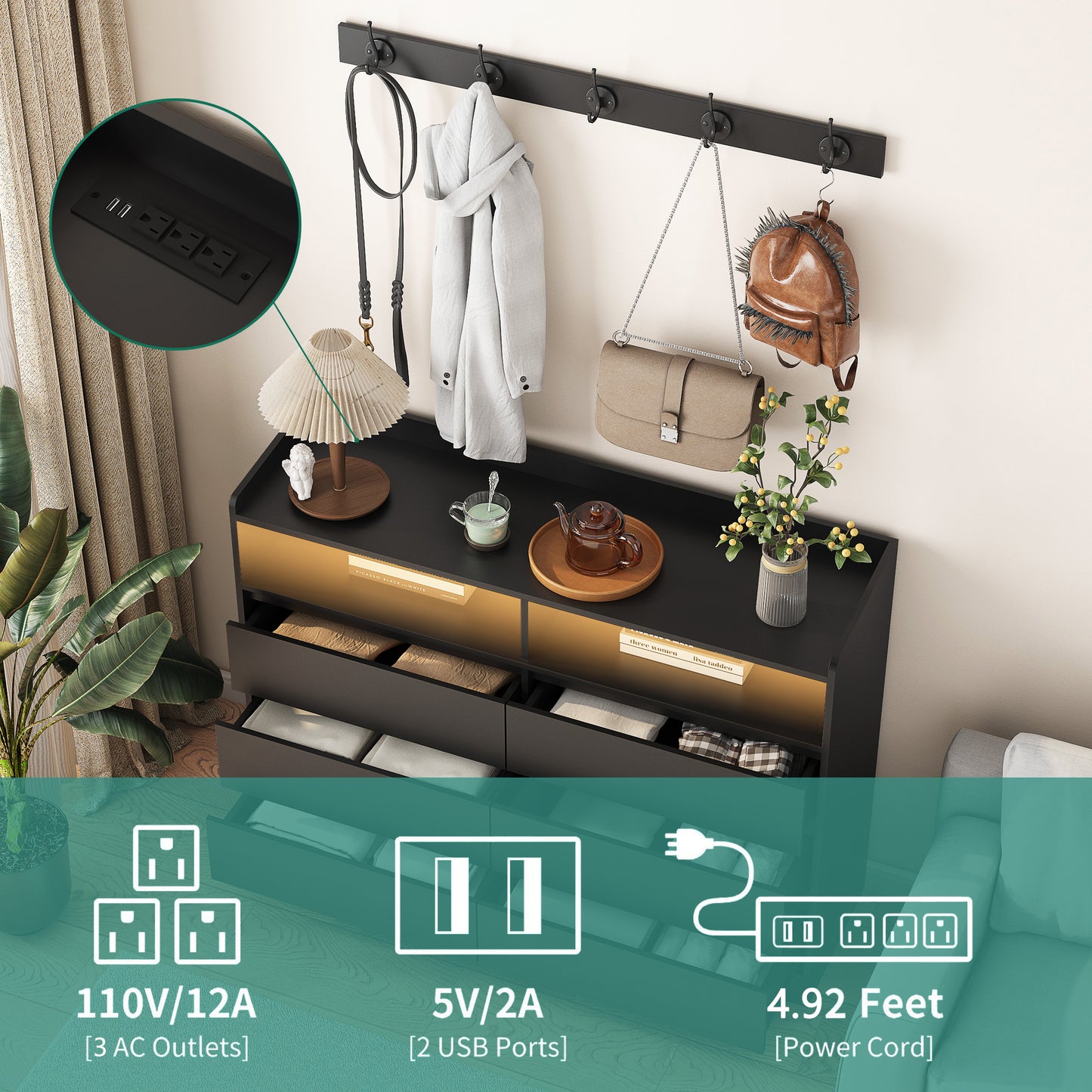 Modern Black Sideboard Cabinet with 6 Drawers & LED Storage Shelf