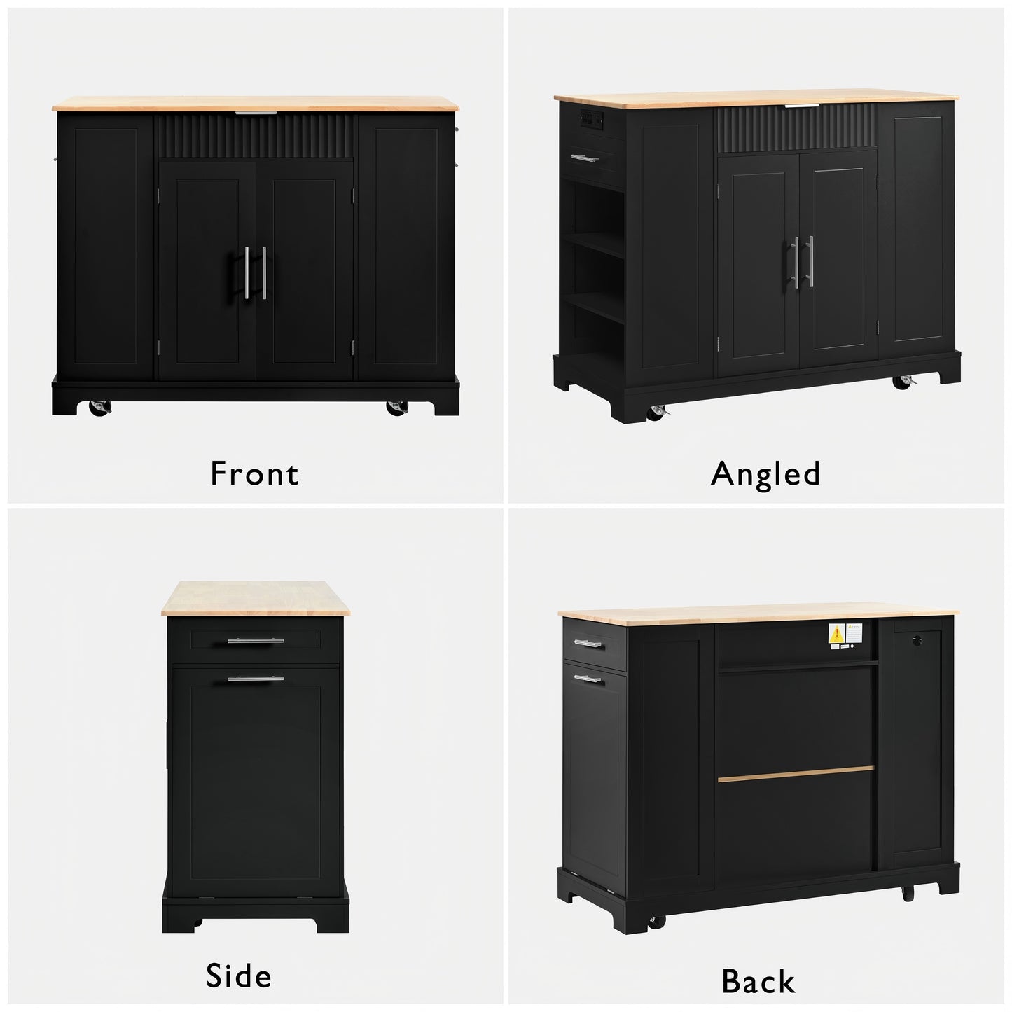 Black Rolling Kitchen Island with Trash Can Storage & Power Outlets - 48" Kitchen Cart with 3 Drawers, Open Side Racks, Solid Wood Top & 5 Wheels