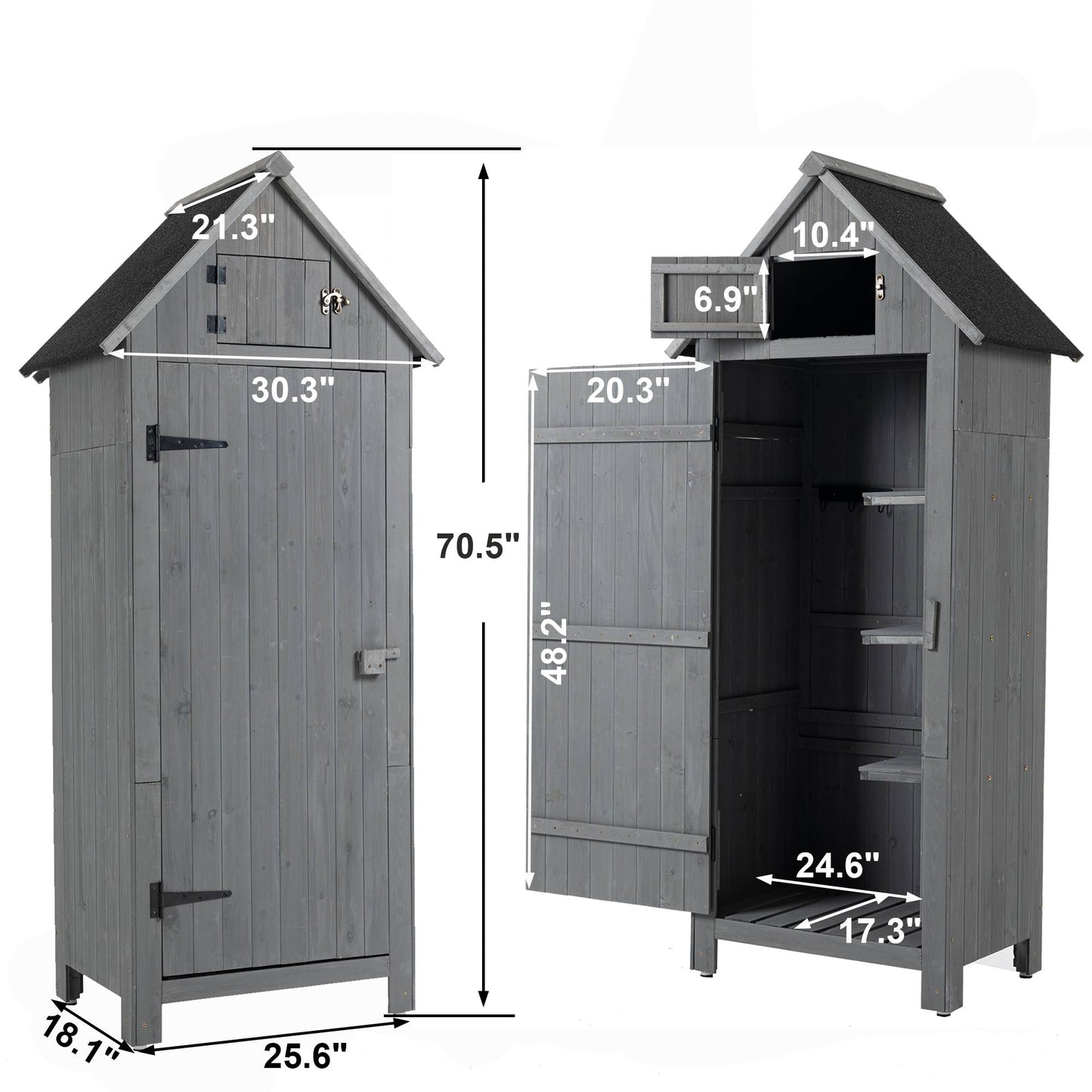 70.5" Tall Wooden Garden Shed - Gray Outdoor Storage Cabinet Tool Shed for Patio & Backyard