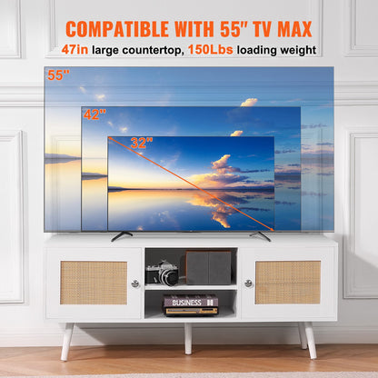Rattan TV Stand for 55" TV Boho Mid-Century Modern Console