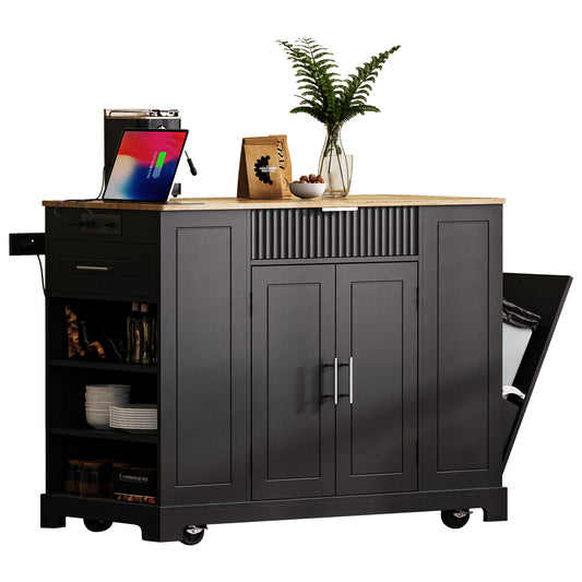 Black Rolling Kitchen Island with Trash Can Storage & Power Outlets - 48" Kitchen Cart with 3 Drawers, Open Side Racks, Solid Wood Top & 5 Wheels