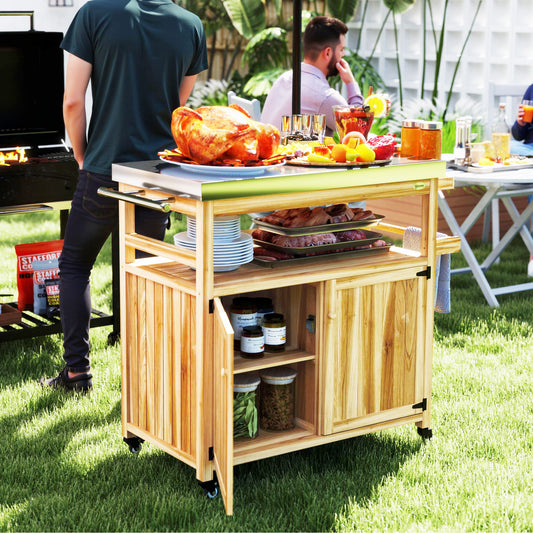 Outdoor Grill Cart Stainless Steel Top Wood Kitchen Island