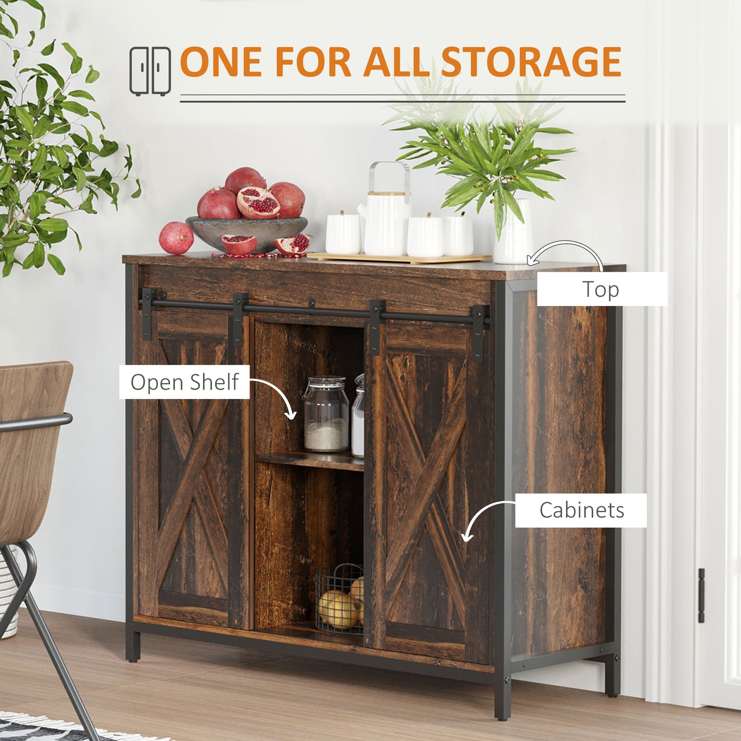 Rustic Brown Sliding Barn Door Buffet Cabinet Sideboard
