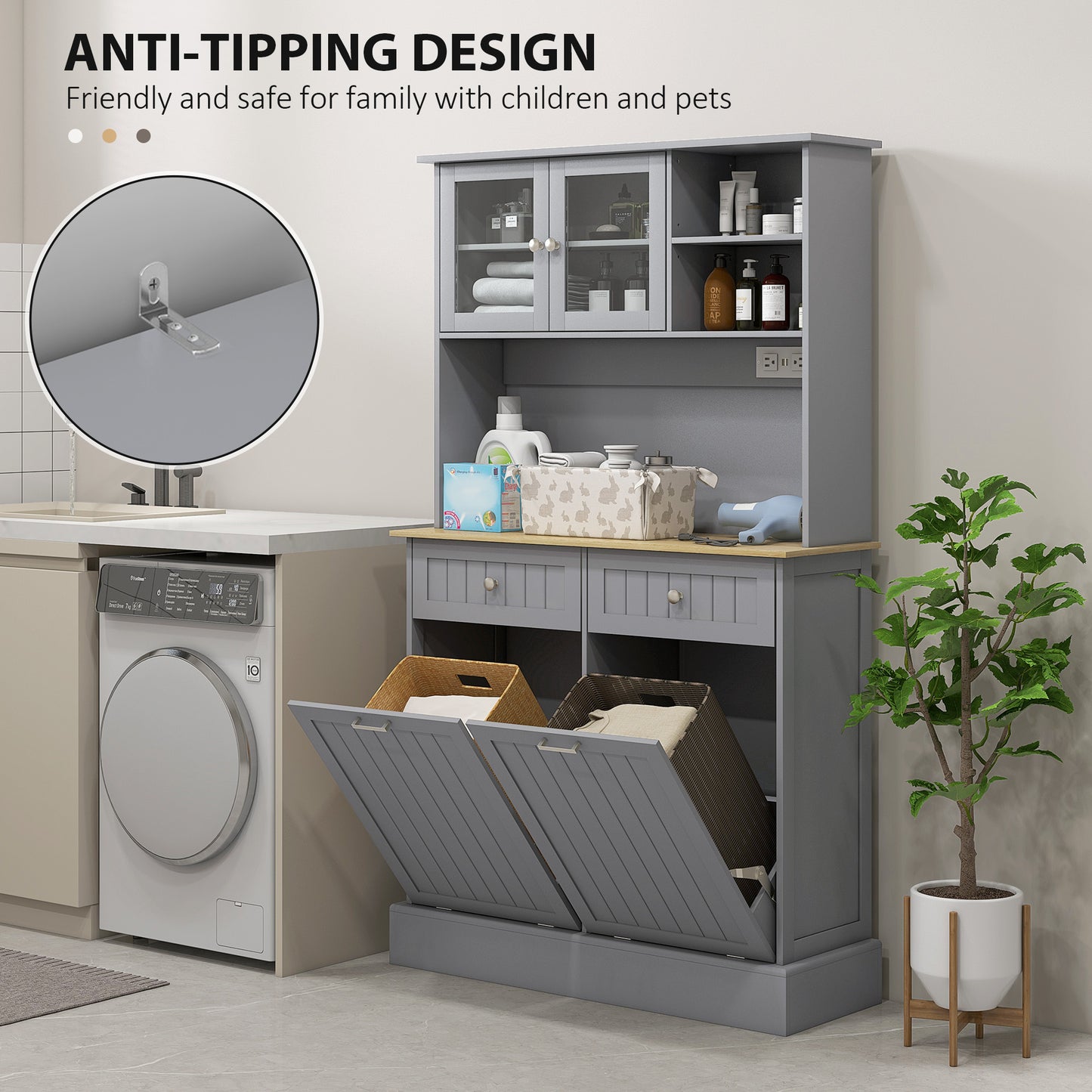 Gray Kitchen Pantry Cabinet with Charging Station & Tilt-Out