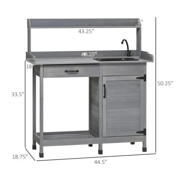 Potting Bench with Sink - Gray Outdoor Wooden Potting Table Garden Workstation with Removable Sink Drawer Cabinet Hooks for Patio Backyard