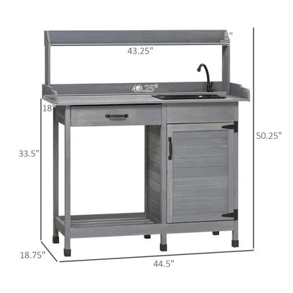 Potting Bench with Sink - Gray Outdoor Wooden Potting Table Garden Workstation with Removable Sink Drawer Cabinet Hooks for Patio Backyard
