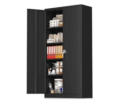 71" Lockable Metal Storage Cabinet with Adjustable Shelves – Heavy-Duty Steel Utility Cabinet (Black/White)