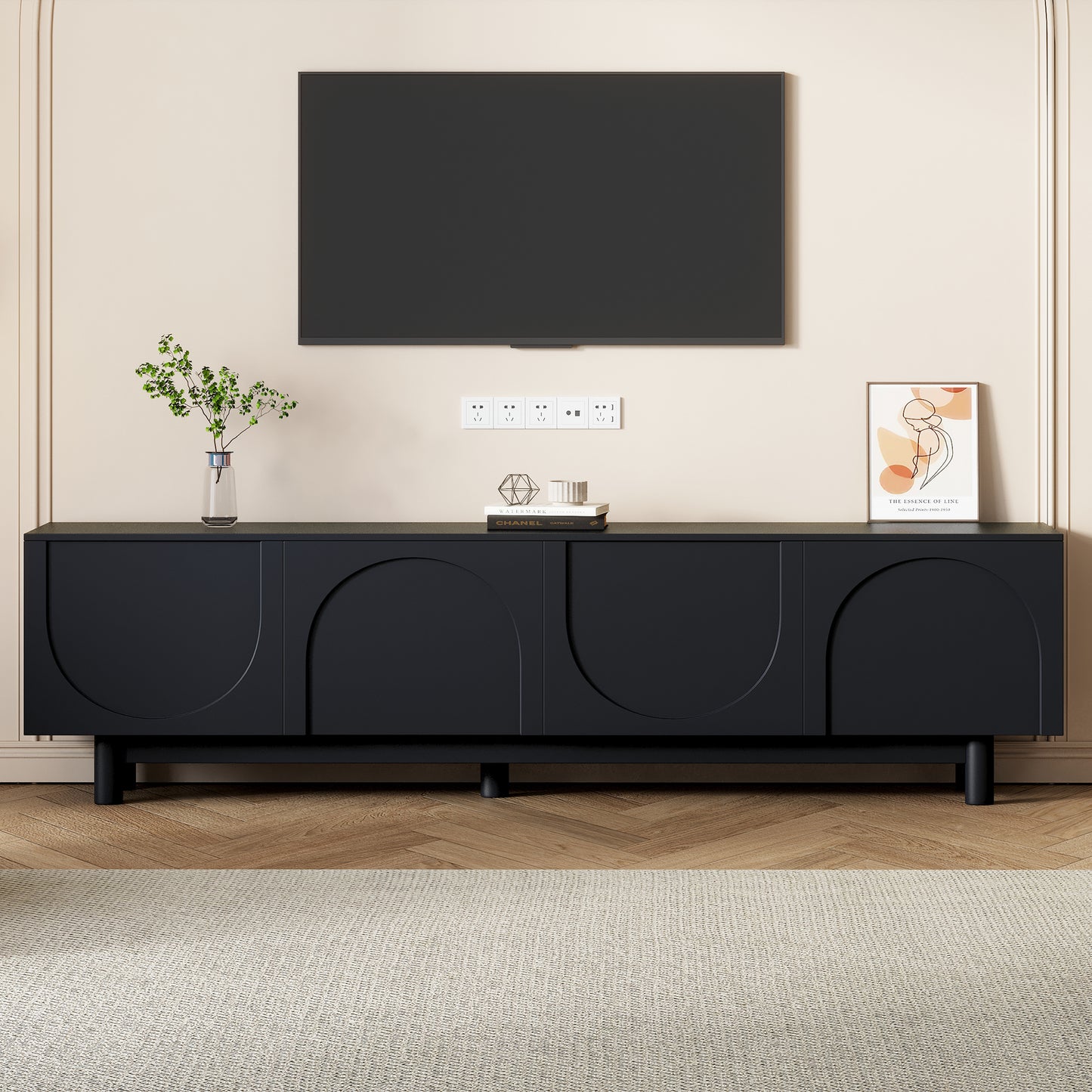 71" Black TV Stand Modern Entertainment Center w/ Arch Doors