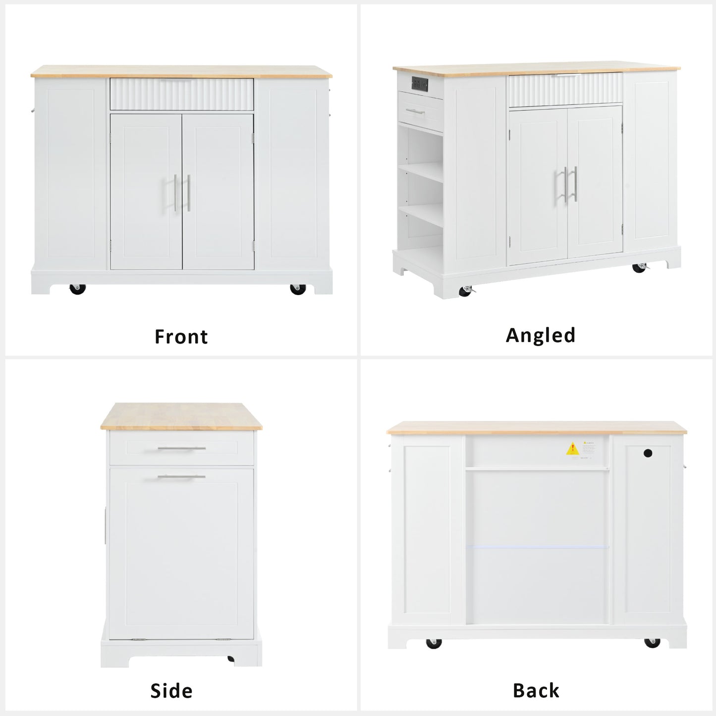 White Rolling Kitchen Island with Trash Can Storage & Power Outlets - 48" Kitchen Cart with 3 Drawers, Open Shelves, Solid Wood Top & 5 Wheels