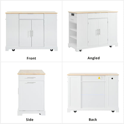 White Rolling Kitchen Island with Trash Can Storage & Power Outlets - 48" Kitchen Cart with 3 Drawers, Open Shelves, Solid Wood Top & 5 Wheels