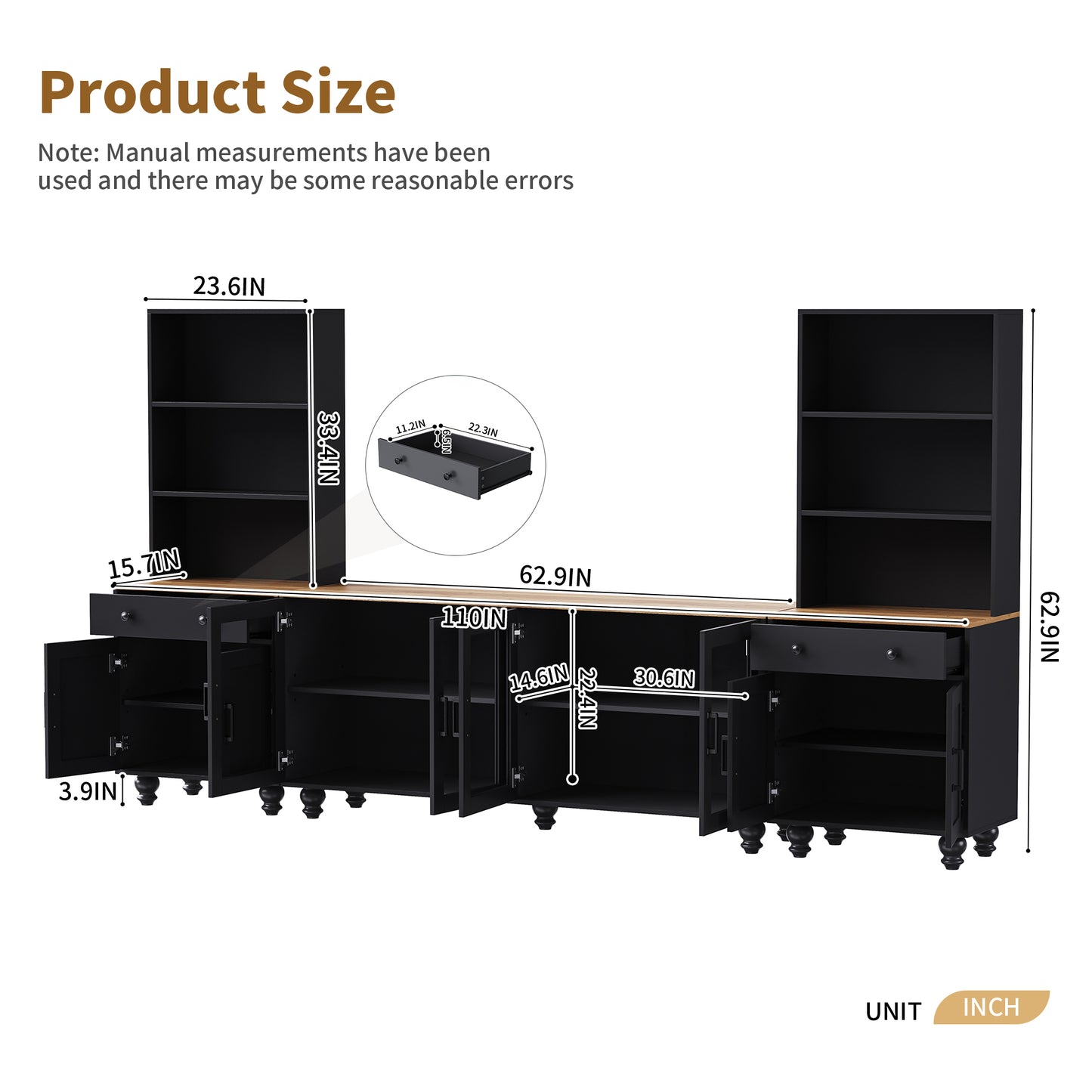 110" Farmhouse TV Stand Entertainment Center w/ Bookshelves Black