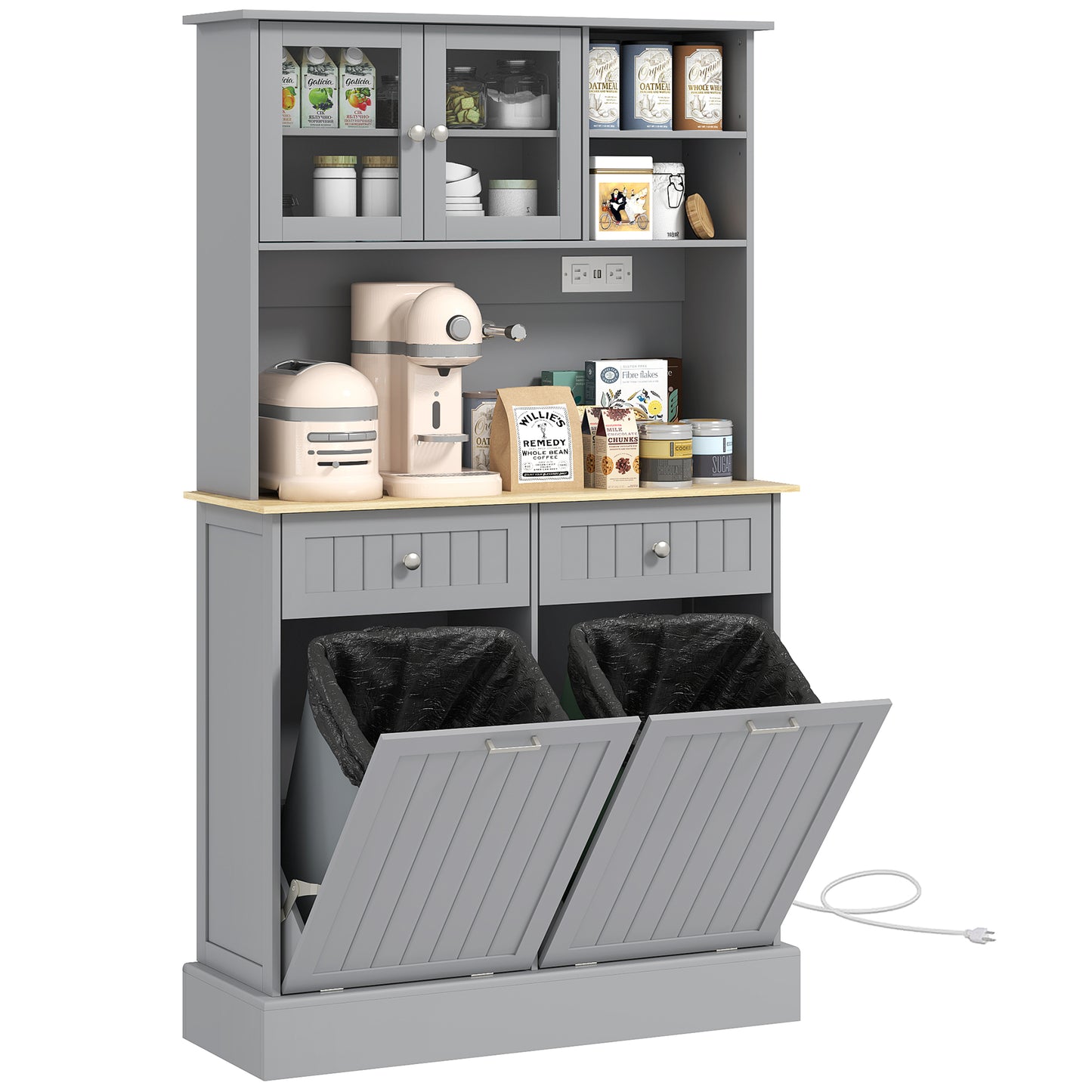Gray Kitchen Pantry Cabinet with Charging Station & Tilt-Out