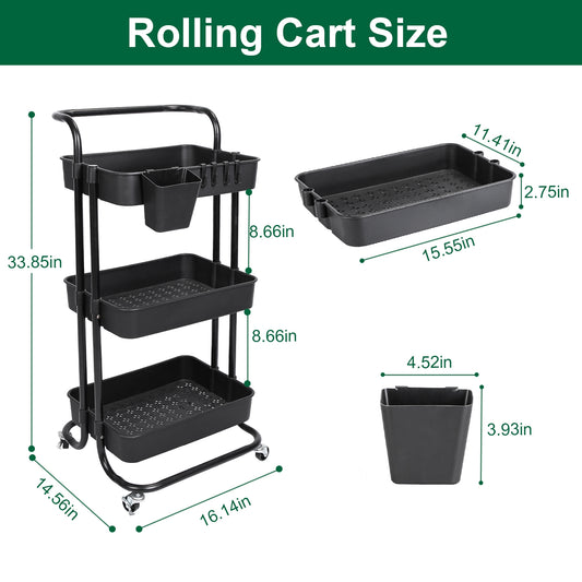 Black-White Color Options 1Pc 3 Tier Rolling Utility Cart Movable Storage Organizer With Mesh Baskets Lockable Wheels 360 Degree Rotatable Hanging Box Hooks Bedroom Bathroom Kitchen