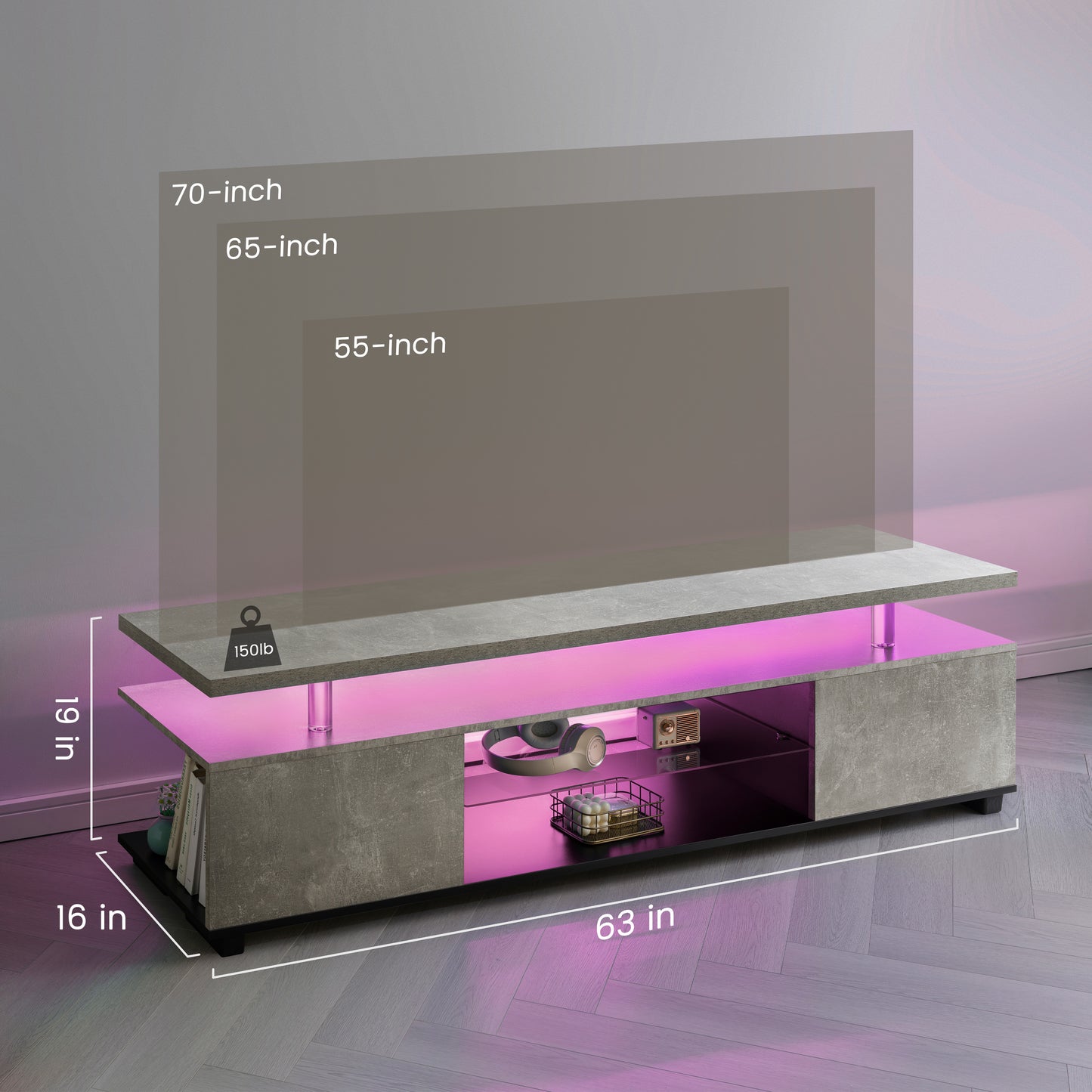 70" LED Gaming TV Stand Entertainment Center Gray Console