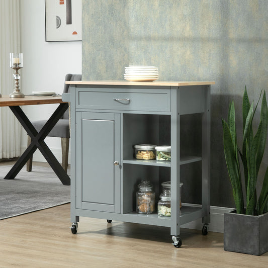 Kitchen Island Cart, Rolling Kitchen Island with Storage Shelf, Solid Wood Top, Drawer, for Dining Room, Gray