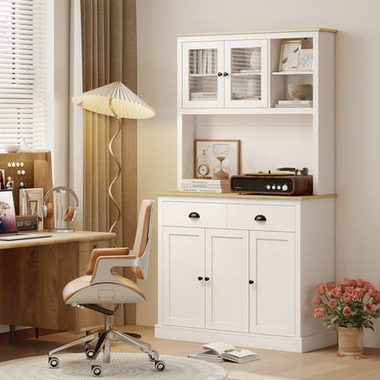 71" Tall White Kitchen Pantry Hutch w/ Countertop & Shelves