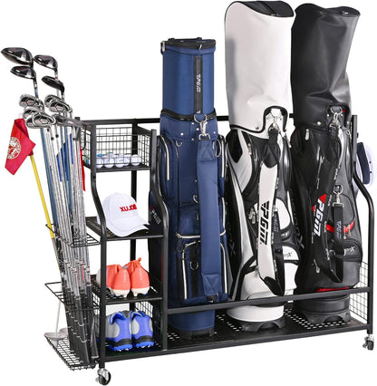 Golf Bag Storage Rack for 3 Bags & Clubs Garage Organizer