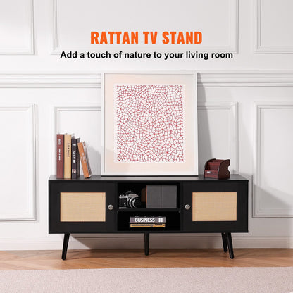 Rattan TV Stand for 55" TV Boho Mid-Century Black Console
