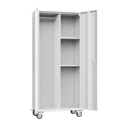 72" Mobile Metal Storage Cabinet with Locking Doors & Adjustable Shelves – Heavy-Duty Steel Garage & Office Cabinet with Casters (Black/White)