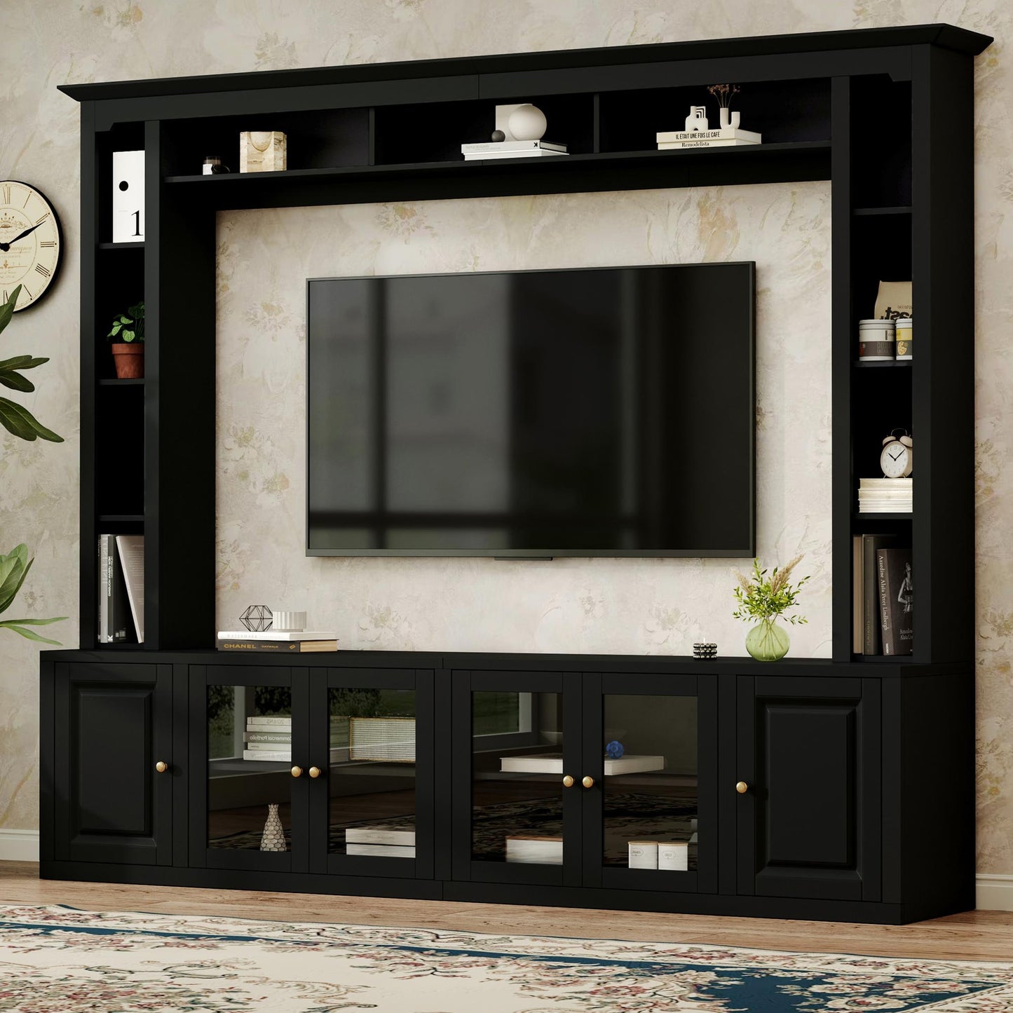 92" Black Entertainment Center TV Wall Unit w/ Bookshelves
