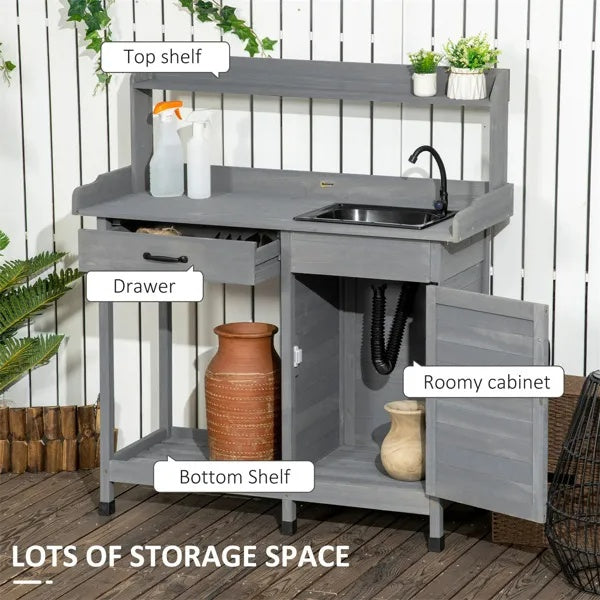 Potting Bench with Sink - Gray Outdoor Wooden Potting Table Garden Workstation with Removable Sink Drawer Cabinet Hooks for Patio Backyard