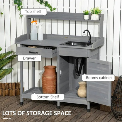 Potting Bench with Sink - Gray Outdoor Wooden Potting Table Garden Workstation with Removable Sink Drawer Cabinet Hooks for Patio Backyard