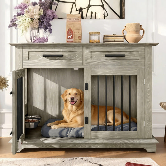 44.48 Large Dog Crate Furniture, Indoor Wooden Dog Kennel End Table With 2 Storage Drawers And Rotating Bowls, Decorative Pet Cage Dog House For Medium Dogs, Gray