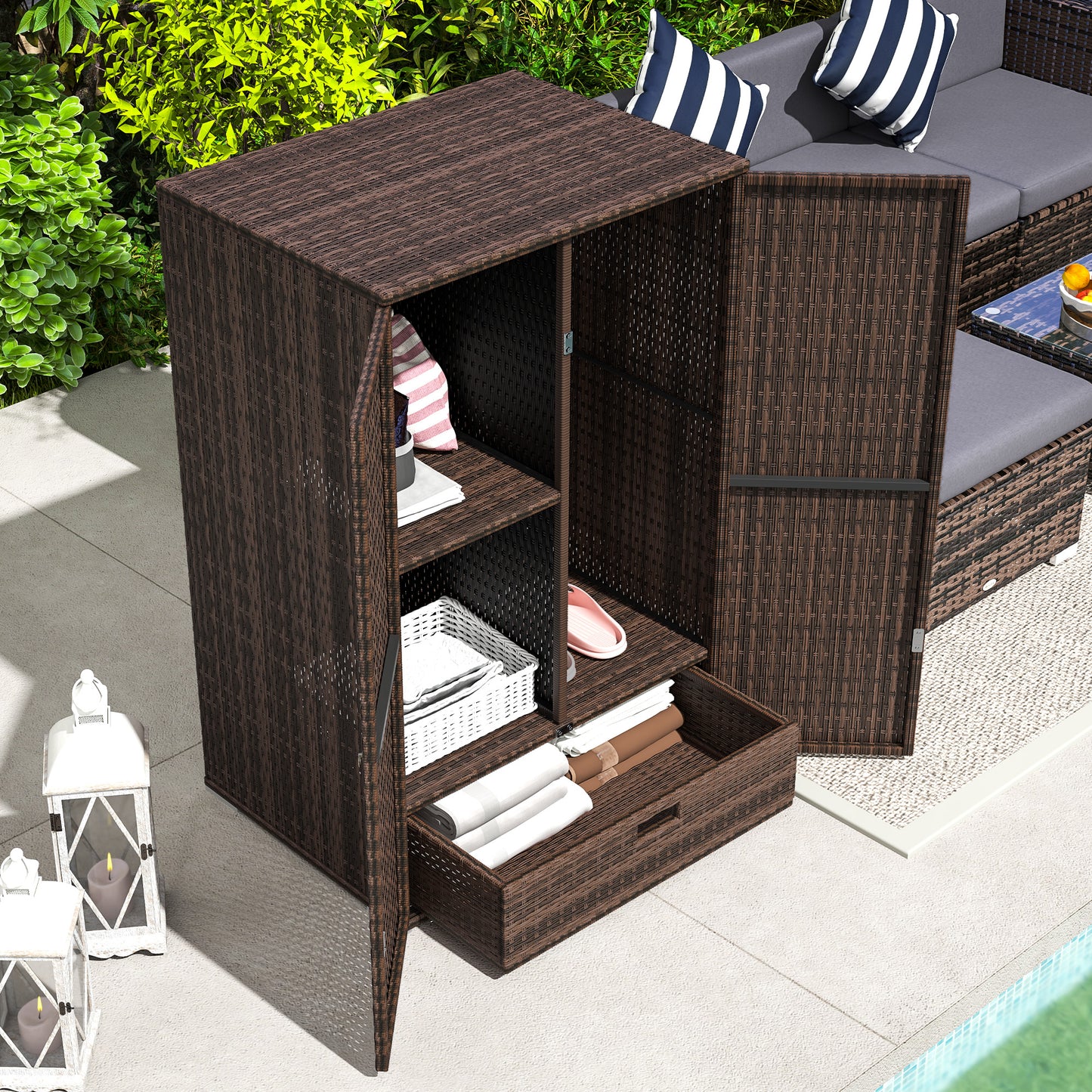 Mixed Brown Rattan Pool Towel Cabinet Outdoor Storage