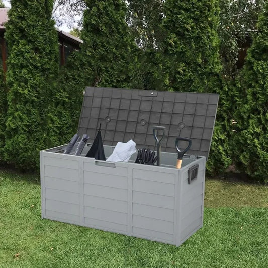 75 Gallon Deck Box with Wheels - 260L Large Outdoor Storage Box Gray Resin Garden Chest Lockable for Patio Cushions Tools Toys